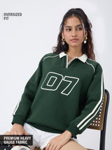 Women's Green Casual Typography Full Sleeves Rugby Sweatshirt