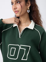 Women's Green Casual Typography Full Sleeves Rugby Sweatshirt