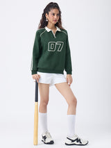 Women's Green Casual Typography Full Sleeves Rugby Sweatshirt
