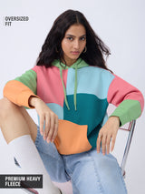 Women's Multicolor Casual Oversized Fit Colorblocked Full Sleeves Hoodie