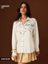 Women's Off White Casual Oversized Fit Embroidered Full Sleeves Shirt