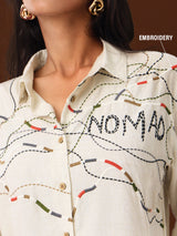 Women's Off White Casual Oversized Fit Embroidered Full Sleeves Shirt