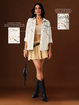 Women's Off White Casual Oversized Fit Embroidered Full Sleeves Shirt