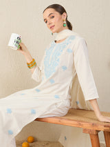 Women's Off White Embroidered Straight Kurta Trousers With Dupatta Set