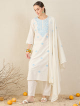 Women's Off White Embroidered Straight Kurta Trousers With Dupatta Set