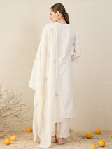 Women's Off White Embroidered Straight Kurta Trousers With Dupatta Set
