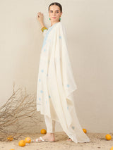 Women's Off White Embroidered Straight Kurta Trousers With Dupatta Set