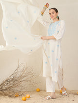 Women's Off White Embroidered Straight Kurta Trousers With Dupatta Set