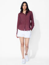 Women's Burgundy Casual Solid Full Sleeves Shirt