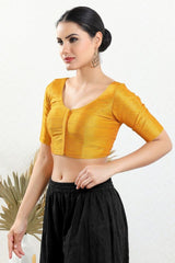Women's Yellow Mulbury Silk Padded Front Open Elbow Sleeves Saree Blouse