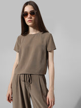 Women's Gray Woven Casual Solid Cropped Half Sleeves Top