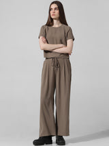 Women's Gray Woven Casual Solid Cropped Half Sleeves Top