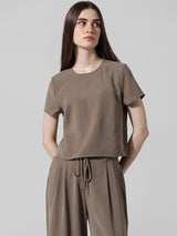 Women's Gray Woven Casual Solid Cropped Half Sleeves Top