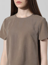 Women's Gray Woven Casual Solid Cropped Half Sleeves Top