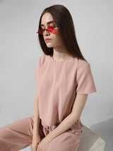 Women's Pink Woven Casual Solid Cropped Half Sleeves Top