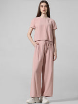 Women's Pink Woven Casual Solid Cropped Half Sleeves Top