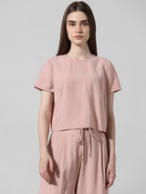 Women's Pink Woven Casual Solid Cropped Half Sleeves Top