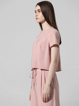 Women's Pink Woven Casual Solid Cropped Half Sleeves Top