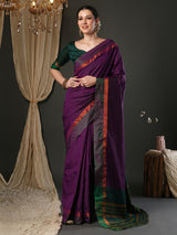 Women's Aura Silk Magenta Woven Design Designer Saree With Blouse Piece