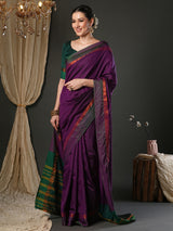 Women's Aura Silk Magenta Woven Design Designer Saree With Blouse Piece