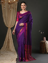 Women's Aura Silk Purple Woven Design Designer Saree With Blouse Piece