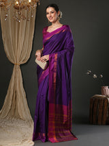 Women's Aura Silk Purple Woven Design Designer Saree With Blouse Piece