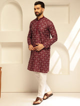 Men's Maroon Cotton Silk Thread Embroidered Long Kurta with Golden Accents