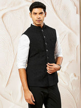 Men's Black Suiting Fabric Embossed Work Full Sleeves Nehru Jacket