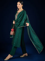 Women's Green Embellished V-Neck Kurta with Solid Trouser and Elegant Dupatta