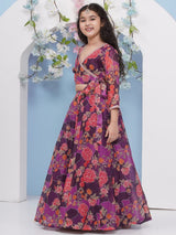 Girls Purple and Pink Ethnic Printed Three Quarter Sleeves Choli and Lehenga
