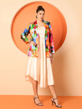 Women's Shoulder Straps Smocked Fit and Flare Midi Satin Dress with Blazer