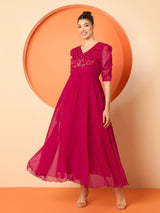 Women's Solid Embellished Fit and Flare Maxi Dress
