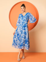 Women's V-Neck Puff Sleeves Fit and Flare Dress