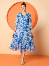 Women's V-Neck Puff Sleeves Fit and Flare Dress