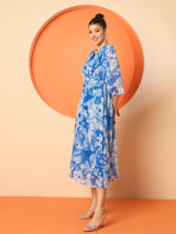 Women's V-Neck Puff Sleeves Fit and Flare Dress