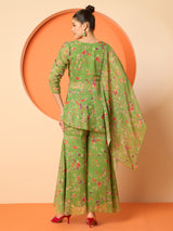 Women's Embellished and Printed Round Neck Three Fourth Sleeve Tunic with Trouser Co-Ords