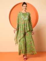 Women's Embellished and Printed Round Neck Three Fourth Sleeve Tunic with Trouser Co-Ords