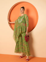 Women's Embellished and Printed Round Neck Three Fourth Sleeve Tunic with Trouser Co-Ords