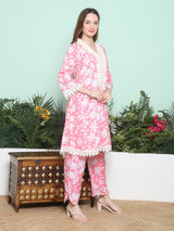 Women's Pink Ethnic Three Quarter Sleeves Kurta Set