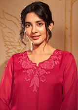 Women's Red Fusion Regular Fit Printed Three Quarter Sleeves Kurtas Sets