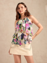 Women's Multicolor Halter Neck Ruffles Flared Printed Top