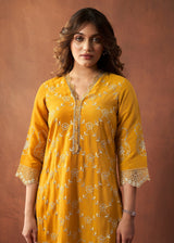 Women's Yellow Festive Regular Fit Embroidered Three Quarter Sleeves Kurtas Sets