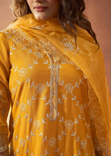 Women's Yellow Festive Regular Fit Embroidered Three Quarter Sleeves Kurtas Sets
