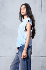 Unisex Blue Casual Regular Fit Solid Sleeveless Tank