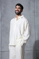 Unisex Cream Casual Regular Fit Solid Full Sleeves Shirt