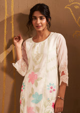Women's White Fusion Regular Fit Embroidered Full Sleeves Kurtas Sets