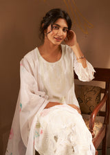 Women's White Fusion Regular Fit Embroidered Full Sleeves Kurtas Sets
