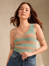 Women's Multicolor Plunge V-Neck Flat Knit Tank