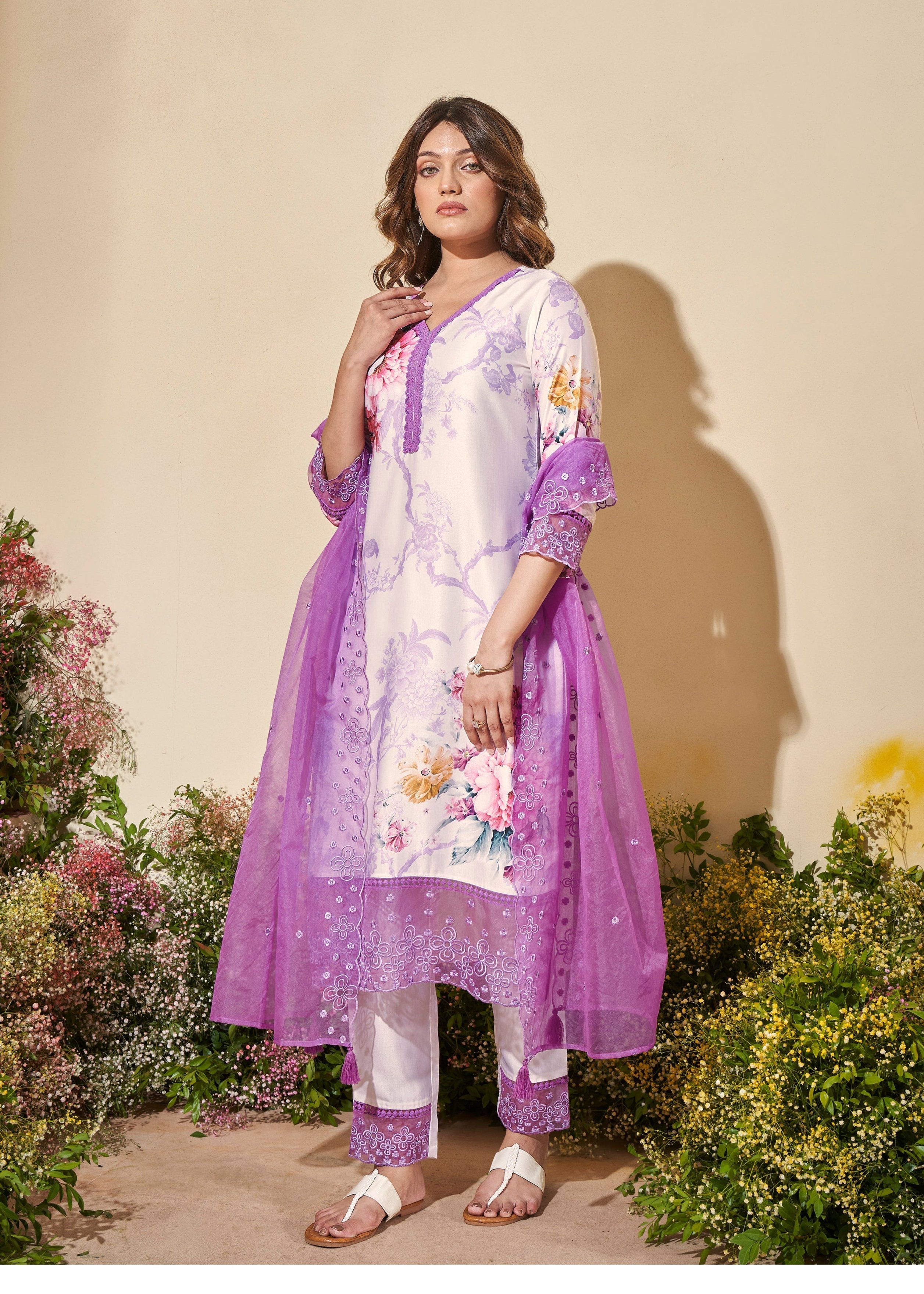 Women's Purple Fusion Regular Fit Printed Three Quarter Sleeves Kurtas Sets