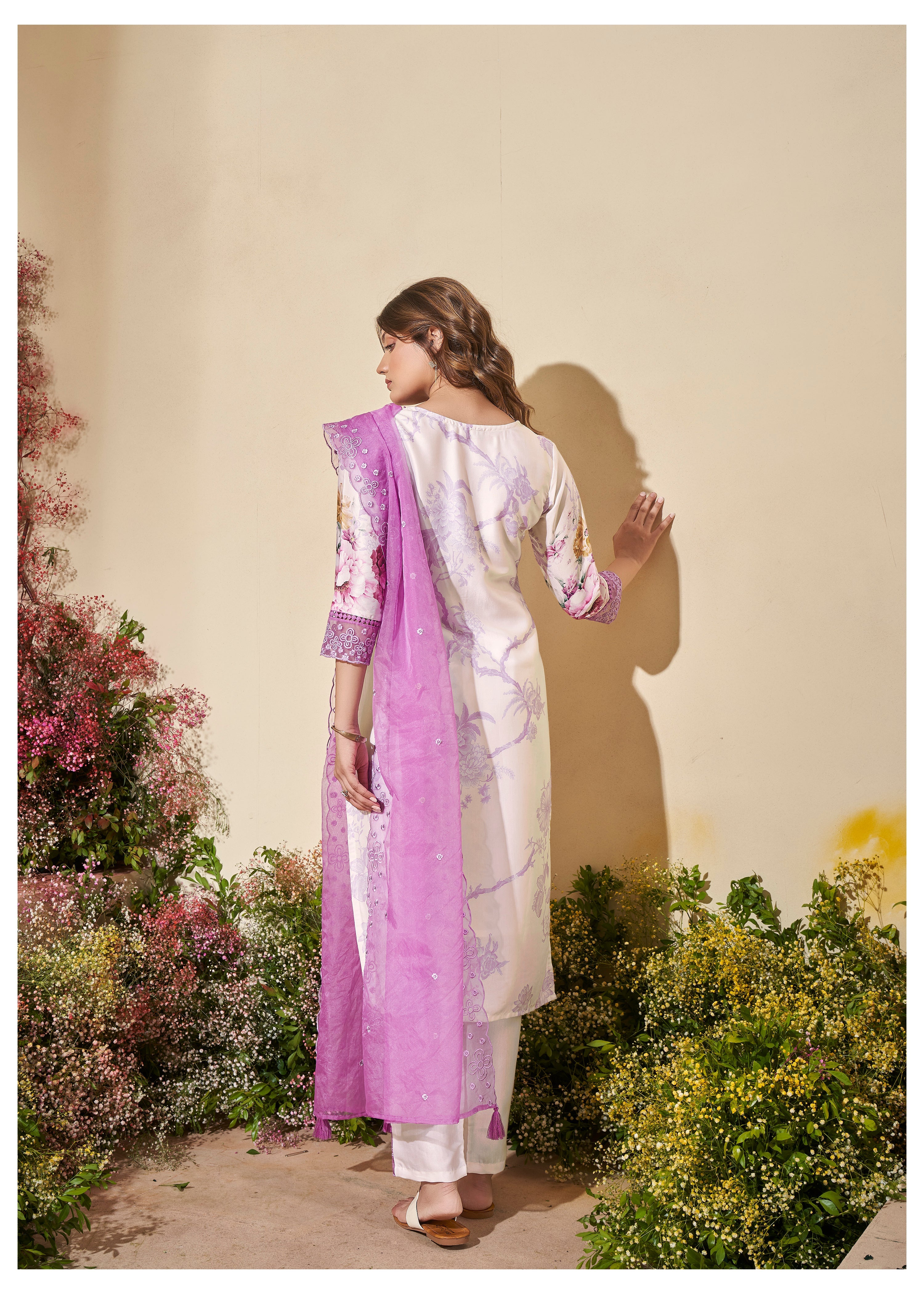 Women's Purple Fusion Regular Fit Printed Three Quarter Sleeves Kurtas Sets